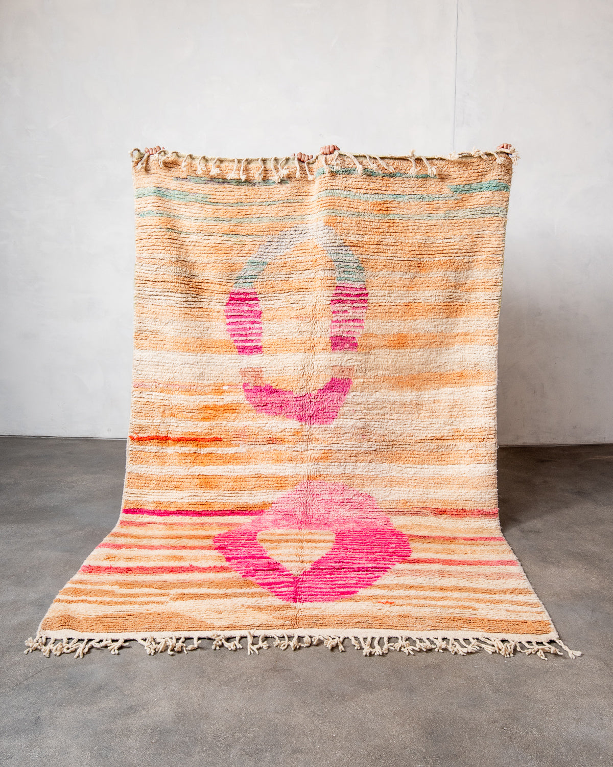 Modern, designer, handcrafted Berber rug from Morocco. Vintage carpet with beautiful colours and patterns and fluffy texture.